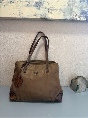 Prada Tessuto Nylon  Faux croc tote in brown